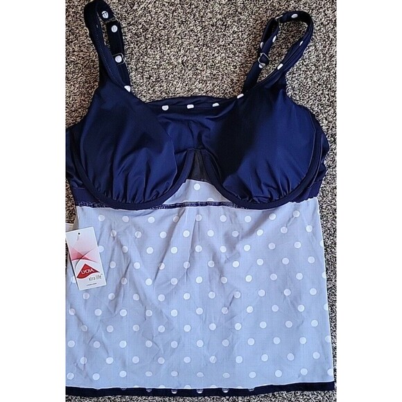 Swim Top Navy 16 DD Square Neck Underwire Polka Dots Women's Lands' End S466 - Picture 5 of 8